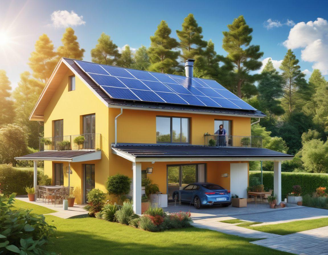A visually engaging scene featuring a diverse group of people happily using various cost-effective power solutions, such as solar panels, energy-efficient appliances, and portable battery packs. The background showcases an eco-friendly home surrounded by greenery and bright blue skies. Include infographics and charts highlighting savings on energy costs. The atmosphere should convey innovation and sustainability. super-realistic. vibrant colors. 3D.