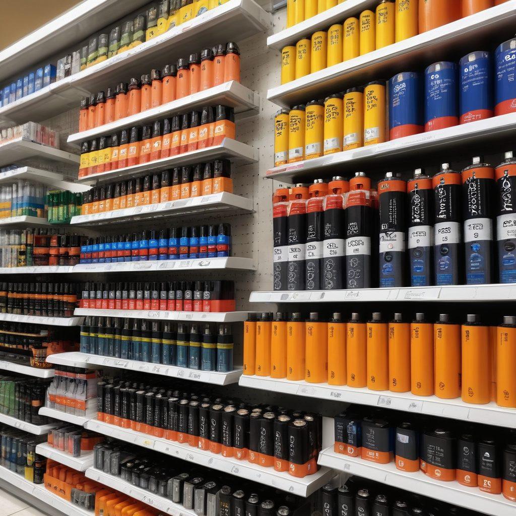 A visually engaging scene of a well-organized battery display in a retail setting, featuring various battery types like AA, AAA, and rechargeable versions. Include a savvy shopper examining batteries while holding a price tag, with a bright price comparison chart in the background. Use warm, inviting colors to convey a friendly shopping experience. Include subtle illustrations of battery symbols and quality ratings hovering around. super-realistic. vibrant colors.