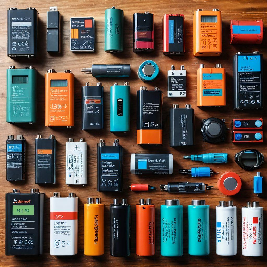 A detailed flat lay of various battery types and sizes, arranged neatly on a wooden table. Include a colorful infographic overlay that highlights smart buying tips. Incorporate a few essential tools like a multimeter and a charger in the scene. The background should be soft and inviting with warm lighting to evoke a sense of empowerment and knowledge. super-realistic. vibrant colors.
